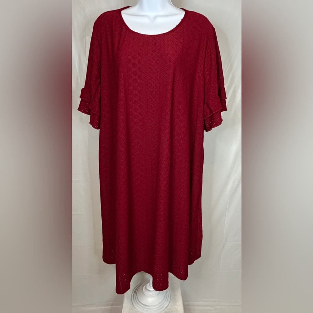 Burgundy Eyelet Swing Dress Plus Size 3X Ruffle Sleeve Boho